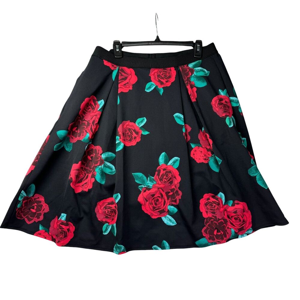 Lane Bryant Skirt Women's 14/16 Black Floral Roses A-Line Pockets Nylon Stretch